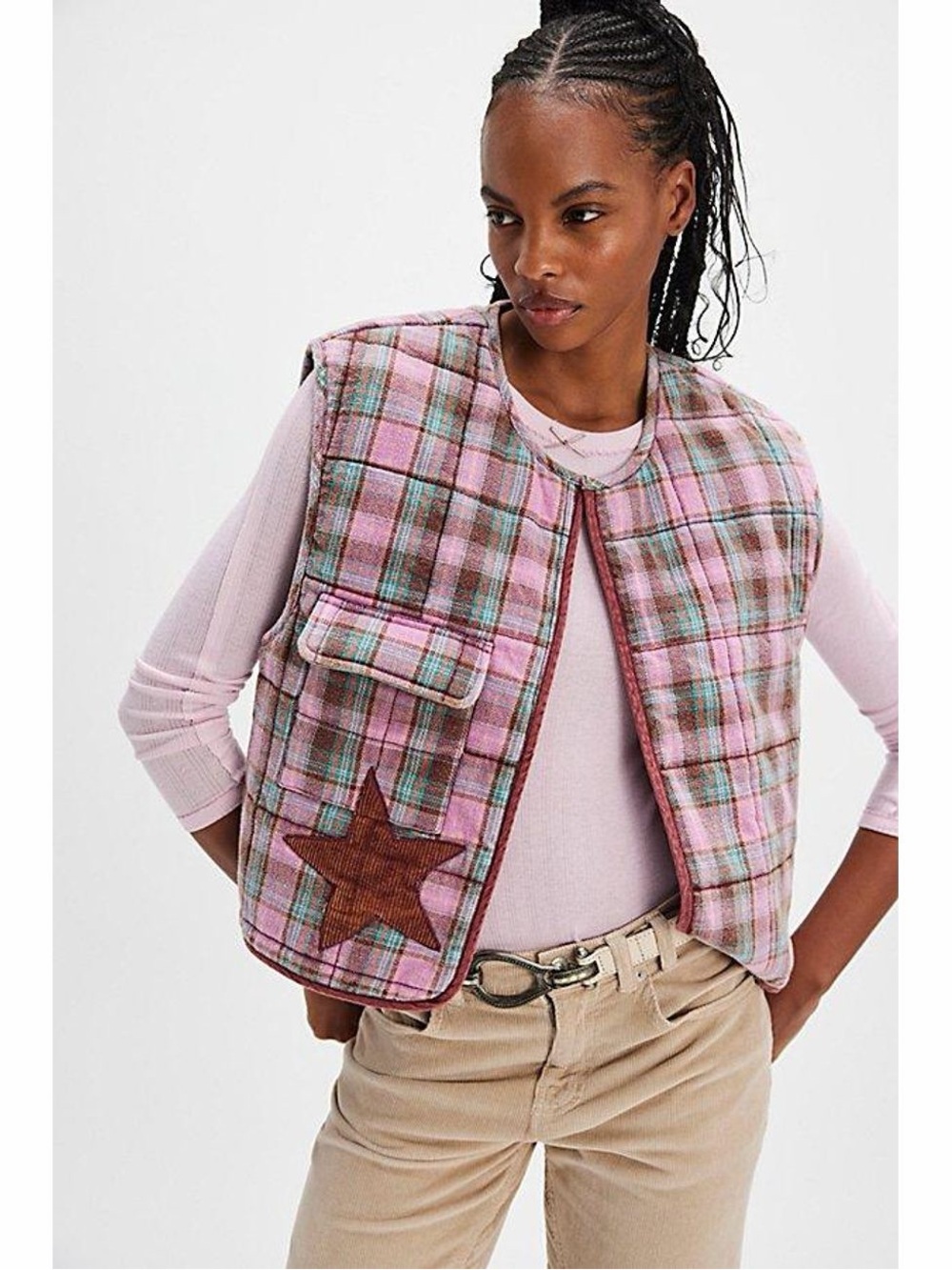 Free People We The Free Starry Patch Plaid Snap Front Pink Vest Size Small NWT